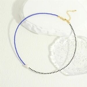 Blue Seed Bead Choker Necklace with Freshwater Pearl Black White Striped Boho